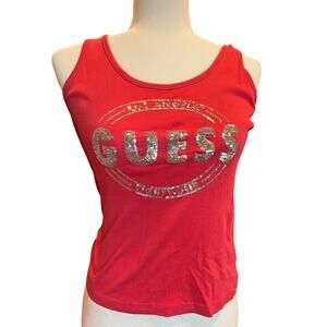 Guess Orange Y2K Tank Top Size L Bling Sequin Sparkle Glam 2000s